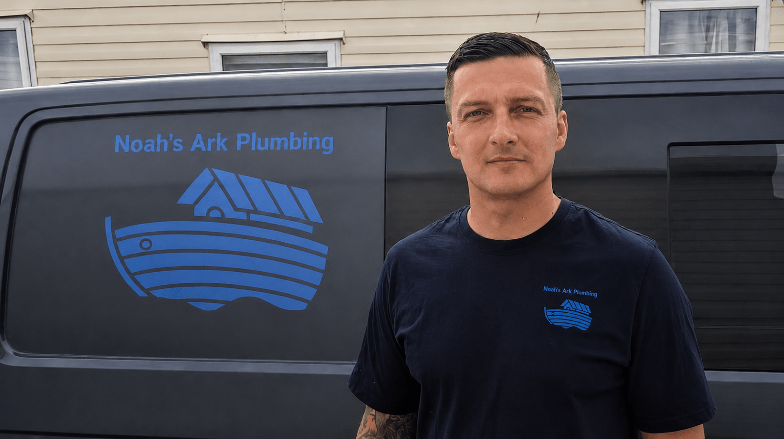 A heating Engineer standing in front of his work van with the logo 'Noah's Ark plumbing'.